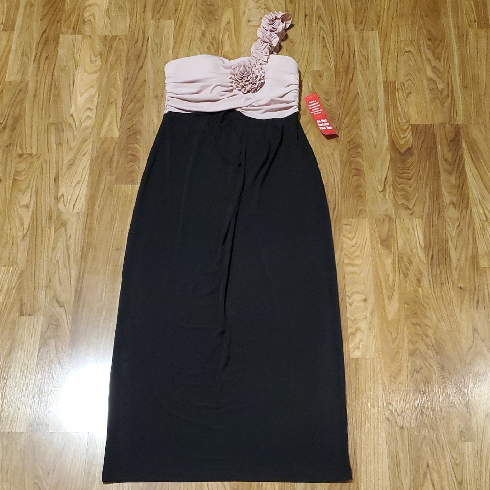 Enfocus Studio Blush & Black One Shoulder Maxi Dress Floral Accent Womens 12 NWT